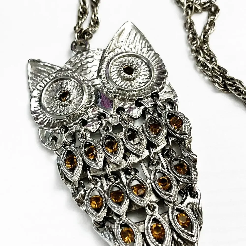 Vintage Articulated Owl with Moving Feathers & Amber Colored Stones